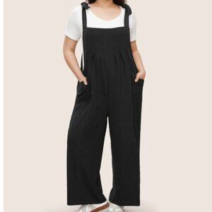 BloomChic Solid Pleated Detail Pocket Knotted Shoulder Overall Jumpsuit